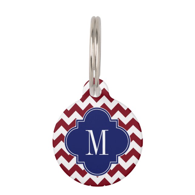 Burgundy White Chevron Navy Quatrefoil Monogram Huisdierpenning (Voorkant)