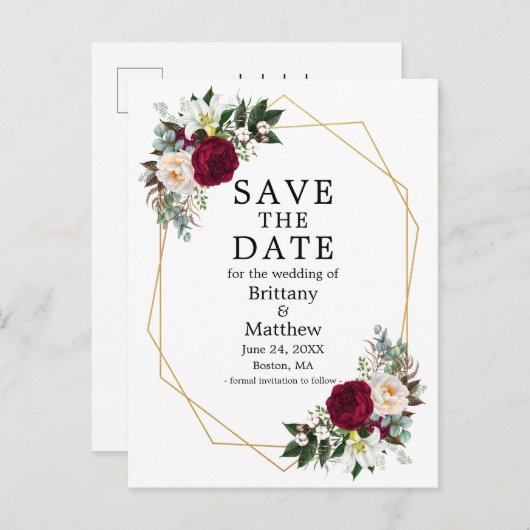 Burgundy White Floral Geo Lijst bewaarde datum Briefkaart (Voorkant / Achterkant)