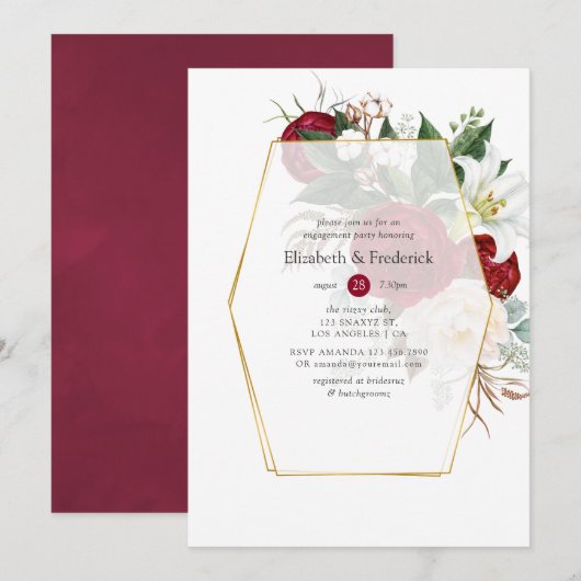Burgundy & White Floral Geometric Engagement Party Kaart (Voorkant / Achterkant)