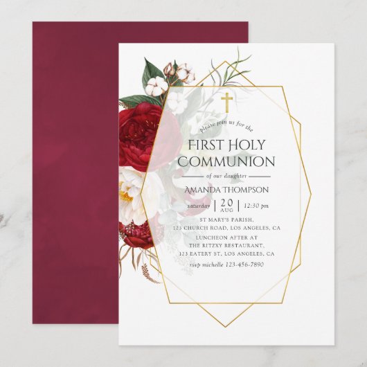 Burgundy & White Floral Geometric First Community Kaart (Voorkant / Achterkant)