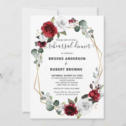 Burgundy White Floral Geometric Rehearsal Dinner Kaart (Voorkant)