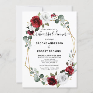 Burgundy White Floral Geometric Rehearsal Dinner Kaart