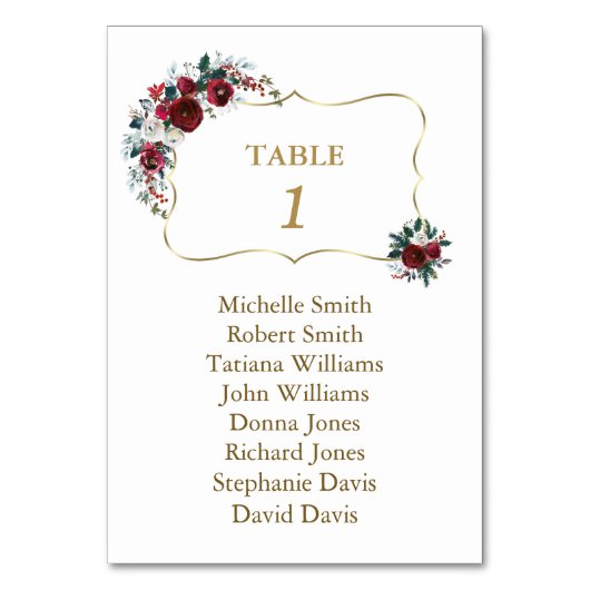 Burgundy White Floral Gold Baptism Seating Chart Kaart (Achterkant)