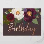 Burgundy White Floral Happy Birthday Real Gold Folie Feestdagenkaart (Voorkant)
