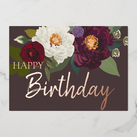 Burgundy White Floral Happy Birthday Real Gold Folie Feestdagenkaart (Voorkant)