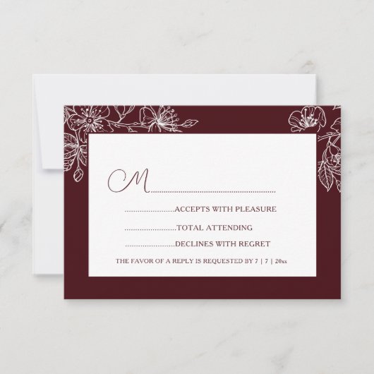 Burgundy White Floral Line Art RSVP (Voorkant)