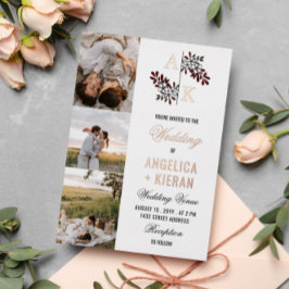 Burgundy White Floral Monogram Foto's Weddenschap  Folie Uitnodiging