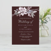 Burgundy White Floral Paars Wedding Kaart (Staand voorkant)
