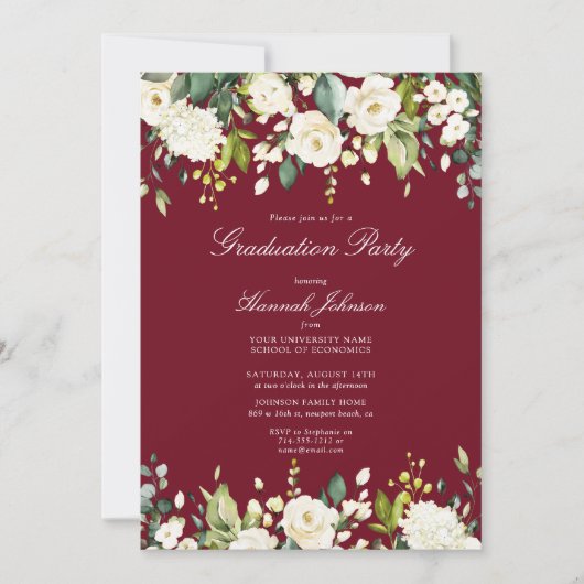 Burgundy White Floral Photo Graduation Party Kaart (Voorkant)