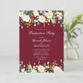 Burgundy White Floral Photo Graduation Party Kaart (Staand voorkant)