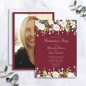 Burgundy White Floral Photo Graduation Party Kaart