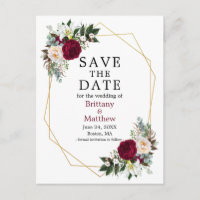 Burgundy White Floral Save The Date Geo Frame