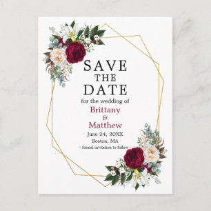 Burgundy White Floral Save The Date Geo Frame Briefkaart