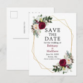 Burgundy White Floral Save The Date Geo Frame Briefkaart (Voorkant / Achterkant)