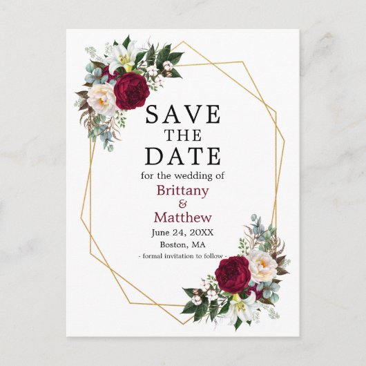 Burgundy White Floral Save The Date Geo Frame Briefkaart (Voorkant)