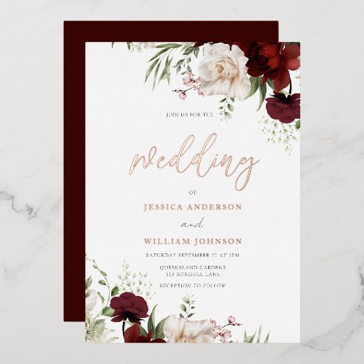 Burgundy & White Flowers Roos Gold Foil Wedding Folie Uitnodiging (Voorkant / Achterkant)