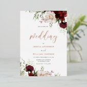 Burgundy & White Flowers Roos Gold Foil Wedding Folie Uitnodiging (Staand Voorkant)
