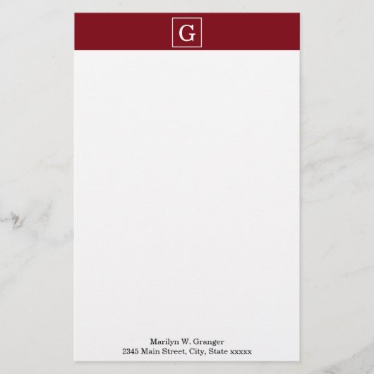 Burgundy White Framed Initiaal Monogram Briefpapier (Voorkant)