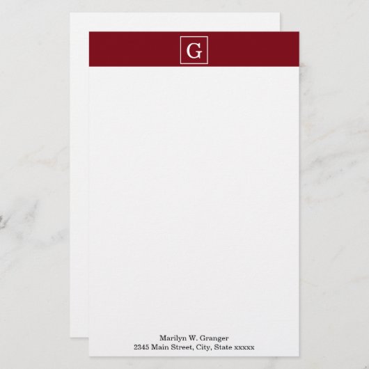 Burgundy White Framed Initiaal Monogram Briefpapier (Voorkant / Achterkant)