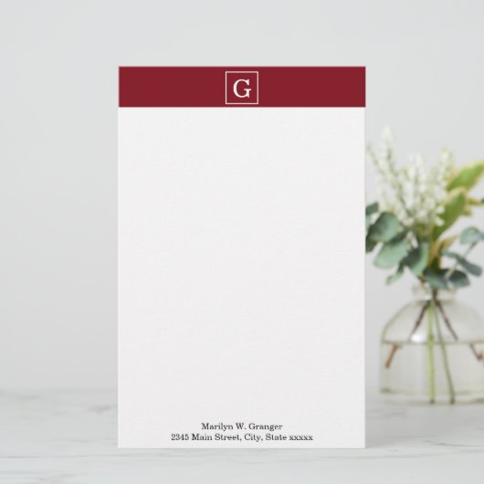 Burgundy White Framed Initiaal Monogram Briefpapier (Staand voorkant)