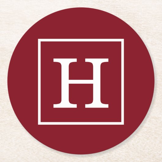 Burgundy White Framed Initiaal Monogram Ronde Kartonnen Onderzetter (Voorkant)