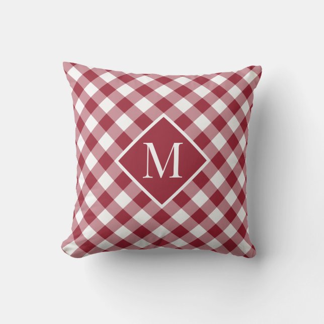 Burgundy White Gingham Check Pattern Chic Monogram Kussen (Voorkant)