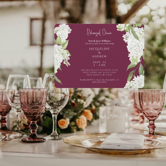 Burgundy White Hydrangeas Rehearsal Dinner Kaart