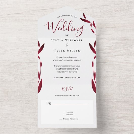 Burgundy White Leaves Wedding All In One Uitnodiging (Binnen)