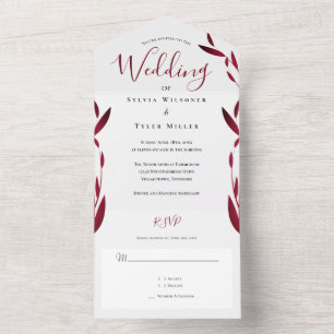 Burgundy White Leaves Wedding All In One Uitnodiging