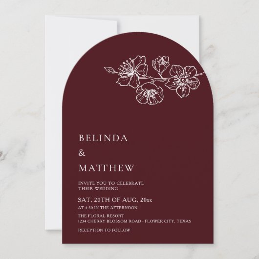 Burgundy White Line Art Minimalist Wedding Kaart (Voorkant)