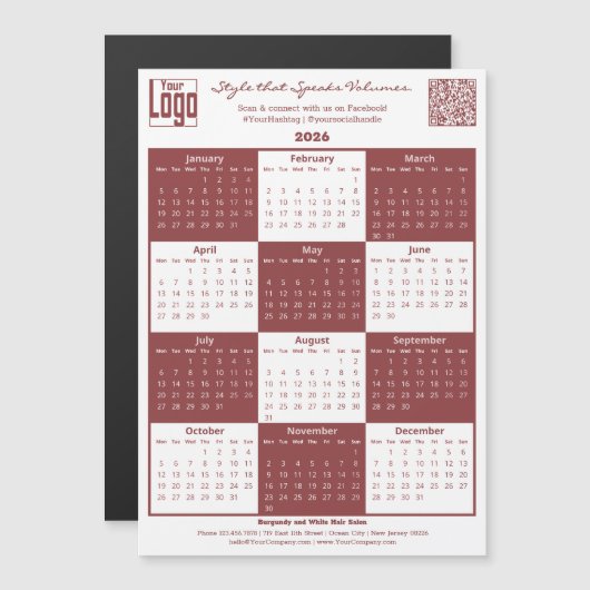 Burgundy White Logo QR-code 2026 Calendar Magnet (Voorkant / Achterkant)