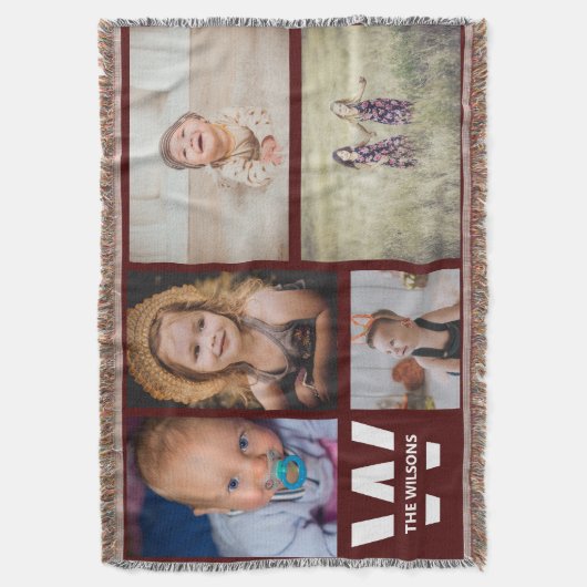 Burgundy White Multiple Photos Custom Monogram Deken (Voorkant Verticaal)