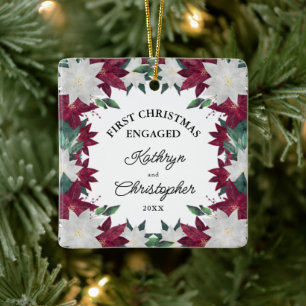 Burgundy White Poinsettias Eerste Kerstmis Keramisch Ornament