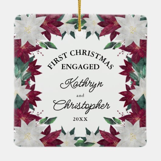 Burgundy White Poinsettias Eerste Kerstmis Keramisch Ornament (Achterkant)