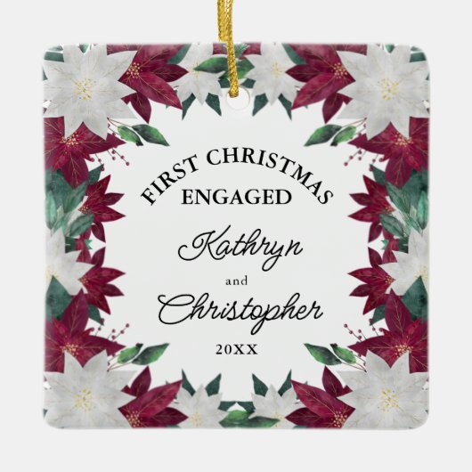 Burgundy White Poinsettias Eerste Kerstmis Keramisch Ornament (Voorkant)