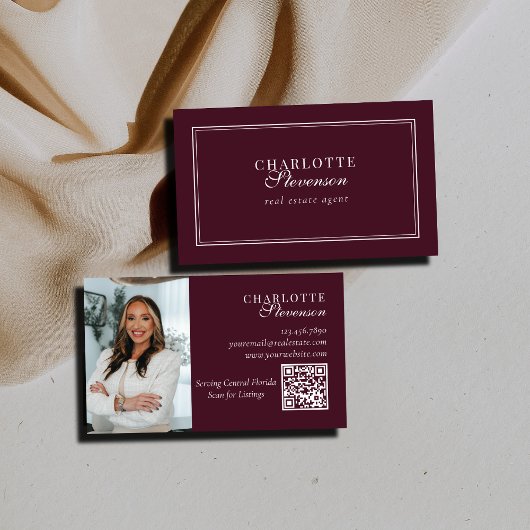 Burgundy & White Professional Luxury Photo QR Code Visitekaartje