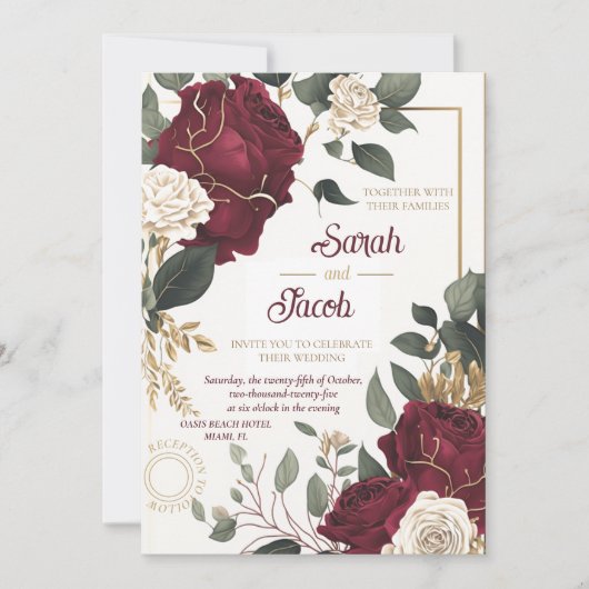 Burgundy White Rose Floral Gold Elegant Weddenscha Kaart (Voorkant)