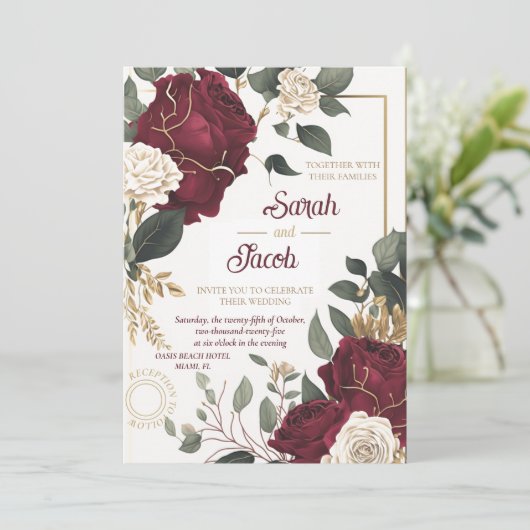 Burgundy White Rose Floral Gold Elegant Weddenscha Kaart (Staand voorkant)