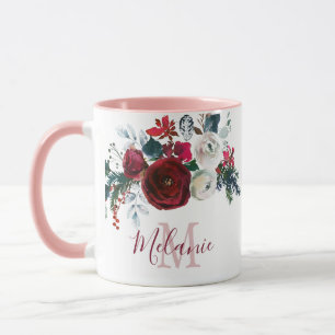 Burgundy White Rose Floral Pine Monogrammed Mok