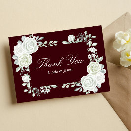 Burgundy White Roses Wedding Thank You Cards Kaart