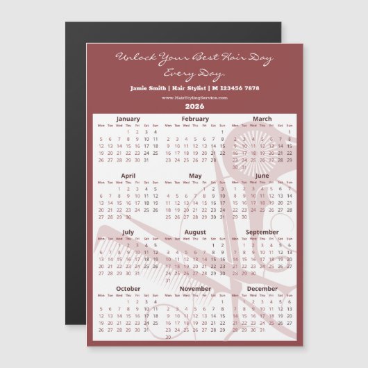 Burgundy White Salon Tools 2026 Calendar Magnet (Voorkant / Achterkant)