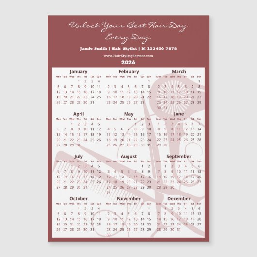 Burgundy White Salon Tools 2026 Calendar Magnet (Voorkant)