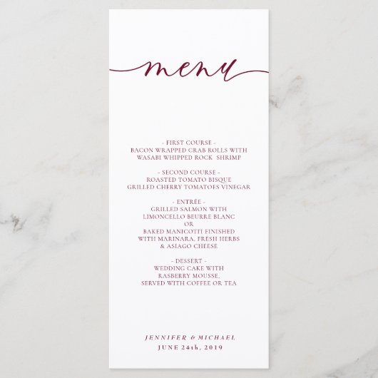 Burgundy White Simple Script Weddenrennen Menu (Voorkant)