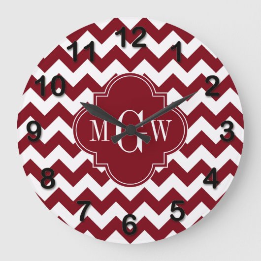 Burgundy Wht Chevron Burgundy 3 Initiaal monogram Grote Klok (Voorkant)