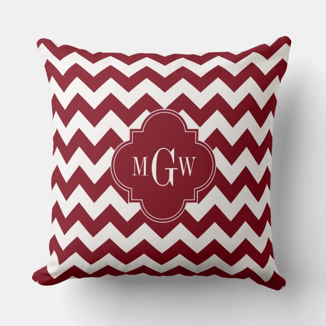 Burgundy Wht Chevron Burgundy 3 Initieel Monogram Kussen (Voorkant)