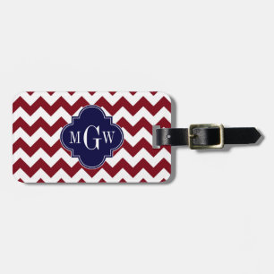 Burgundy Wht Chevron Navy Blue 3 Initiaal Monogram Bagagelabel