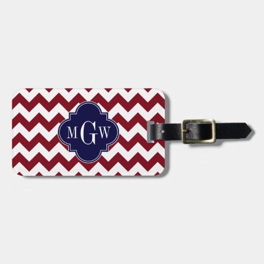 Burgundy Wht Chevron Navy Blue 3 Initiaal Monogram Bagagelabel (Voorkant horizontaal)
