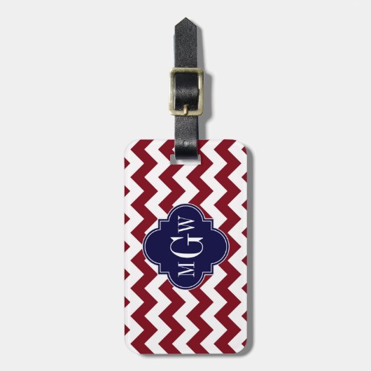 Burgundy Wht Chevron Navy Blue 3 Initiaal Monogram Bagagelabel (Voorkant verticaal)