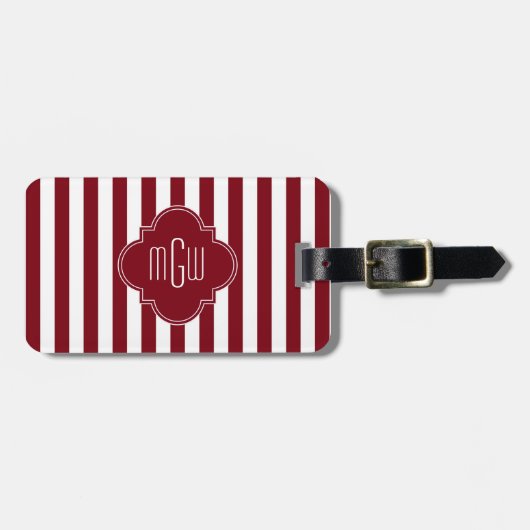 Burgundy Wht Stripe Burgundy Quatrefoil 3 Monogram Bagagelabel (Voorkant horizontaal)
