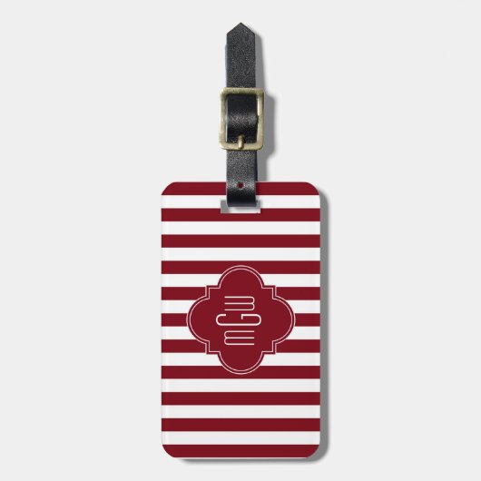 Burgundy Wht Stripe Burgundy Quatrefoil 3 Monogram Bagagelabel (Voorkant verticaal)